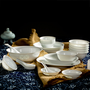 古鎮陶瓷 景德鎮瓷器中式玲瓏白瓷訂婚禮品餐具家用碗碟盤套裝組合 白玲瓏招財進寶