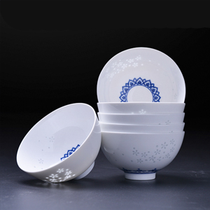 景德鎮古鎮陶瓷 6只青花玲瓏小足碗套裝 防燙碗 家用中式小碗 飯碗 創意餐具套裝
