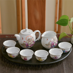 手尚功夫景德鎮手繪陶瓷茶具套裝家用青花瓷手繪功夫茶具白瓷茶具古鎮陶瓷 福在眼前