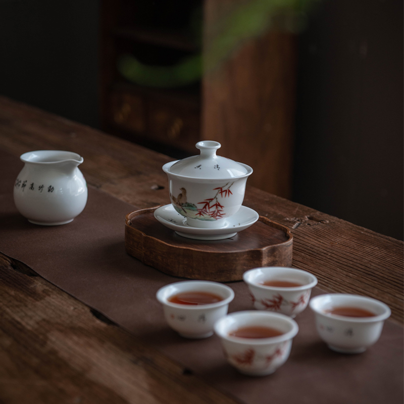 景德鎮手繪陶瓷茶具套裝家用青花瓷手繪功夫茶具白瓷茶具 紅竹雙鳥
