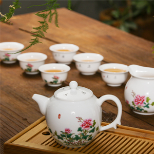 景德鎮手繪陶瓷茶具套裝家用青花瓷手繪功夫茶具白瓷茶具 如意富貴